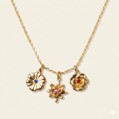 Triple Floral Birthstone Necklace