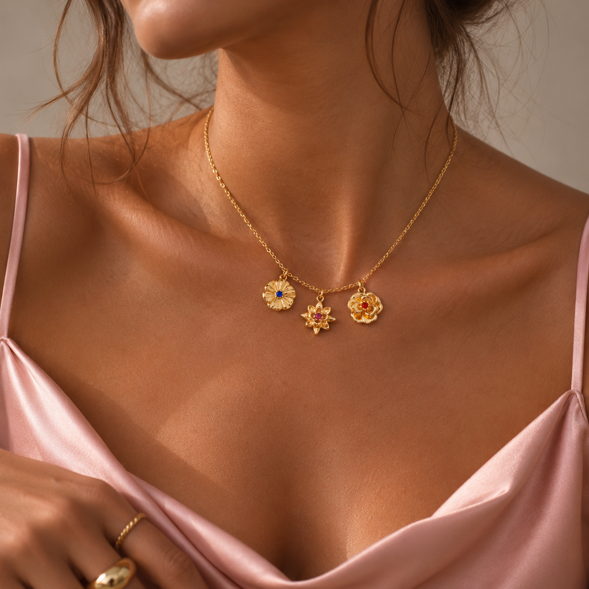 Triple Floral Birthstone Necklace