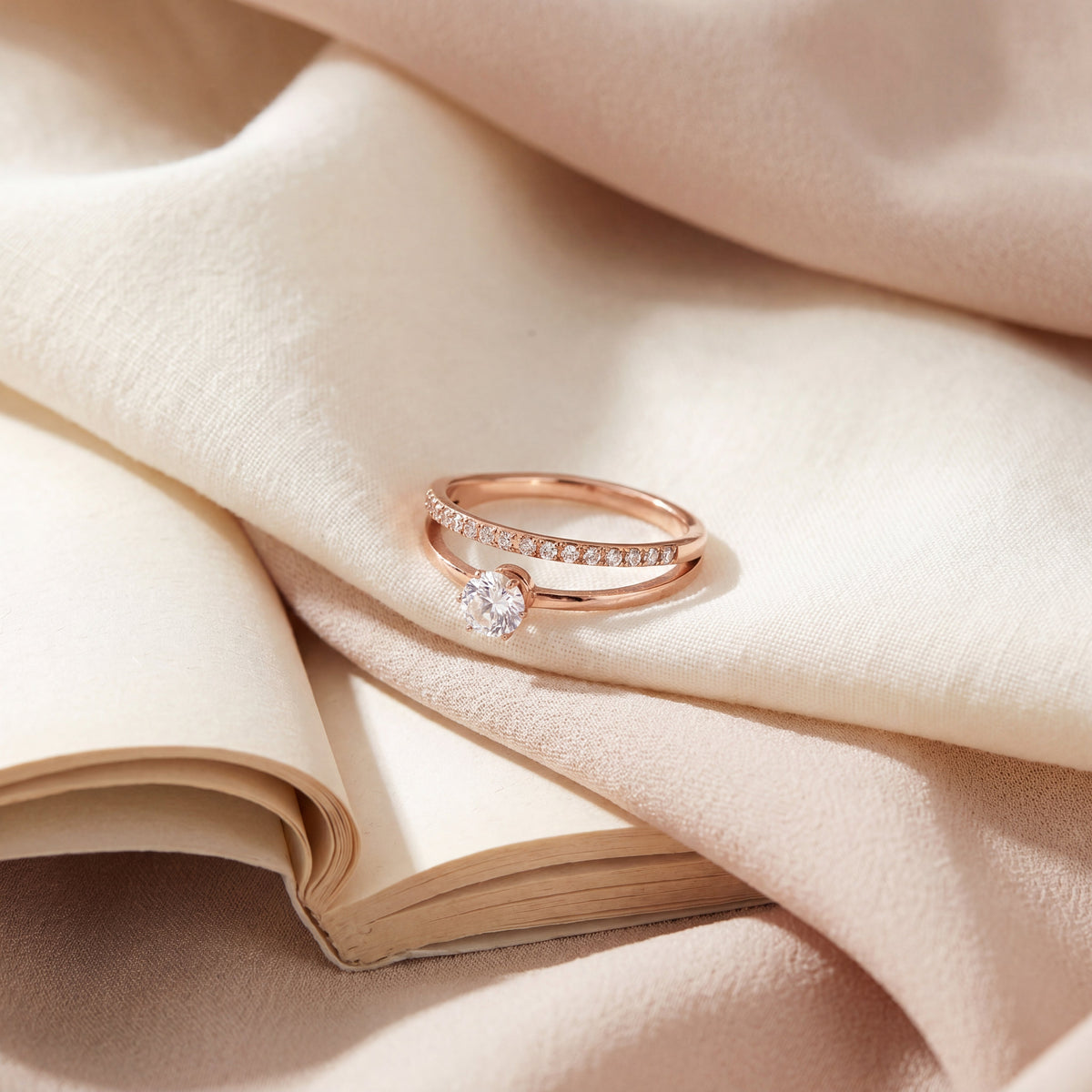 Rose Solitaire Double Band Ring